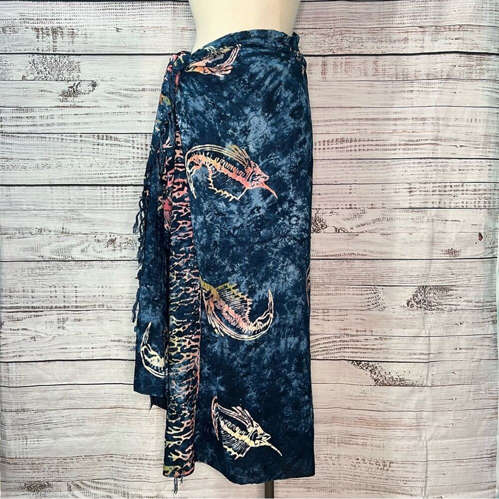 Tropical Pleasures Rayon Swordfish Coral Wrap Scarf Tassled 48”‎ x 69” Tie Dye